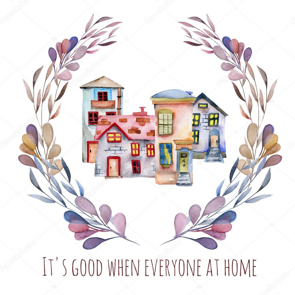 Watercolor english houses inside floral wreath in purple shades, hand painted isolated on a white background