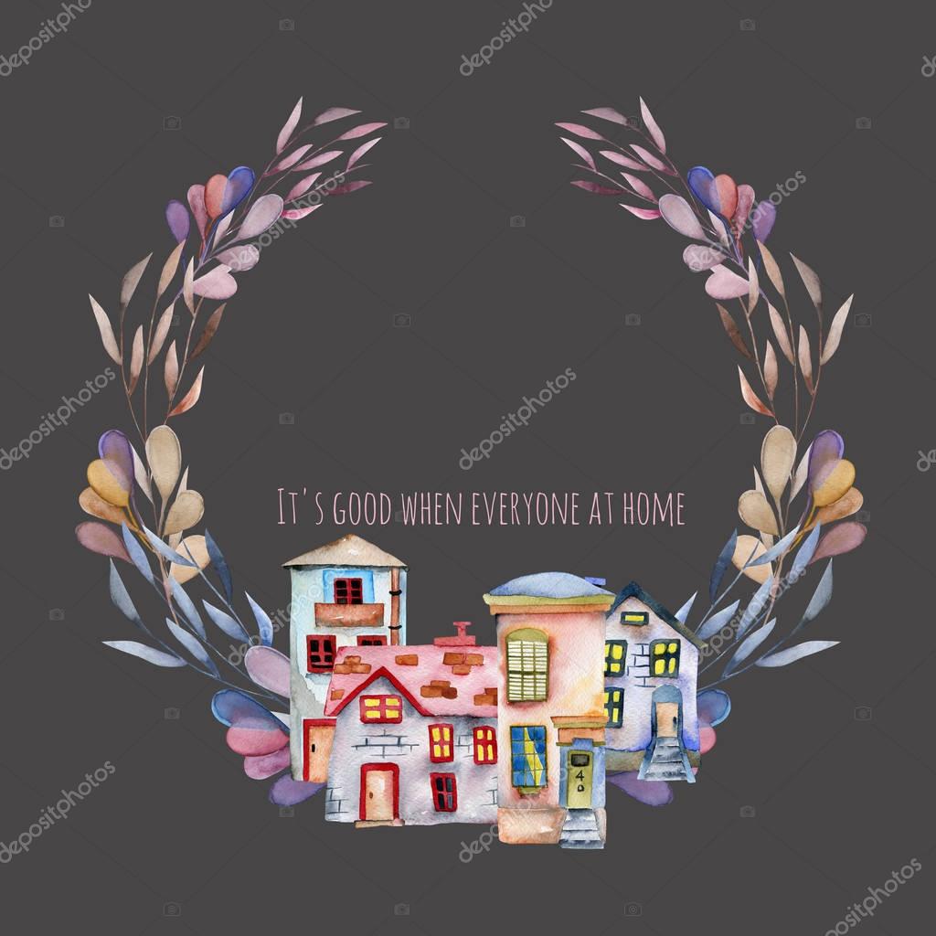 Floral wreath with watercolor english cartoon houses in purple shades, hand painted isolated on a dark background