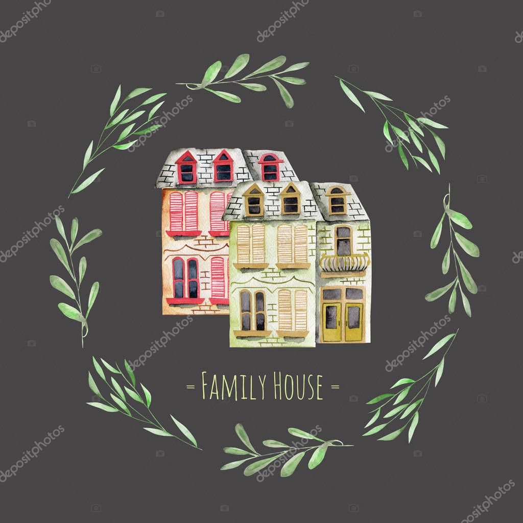 Watercolor english houses inside floral wreath, with an inscription ''Family House'', hand painted isolated on a dark background