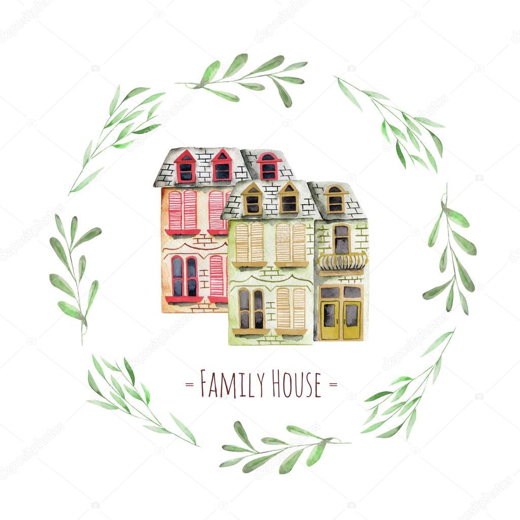 Watercolor english houses inside floral wreath, with an inscription ''Family House'', hand painted isolated on a white background