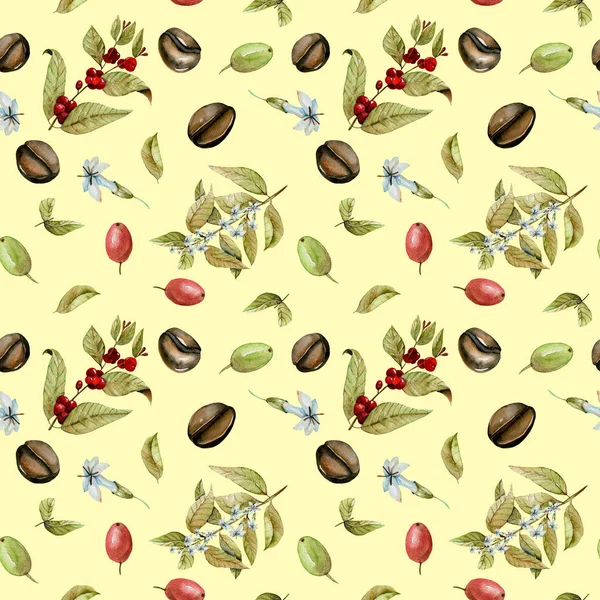 无缝模式与咖啡、 红色和绿色的咖啡豆水彩花枝 — 图库照片