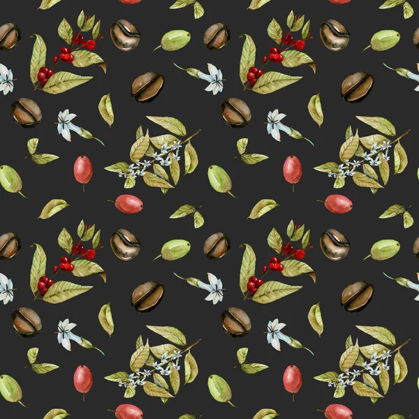 Seamless pattern with watercolor flowering branches of coffee, red and green coffee beans — Stock Photo, Image