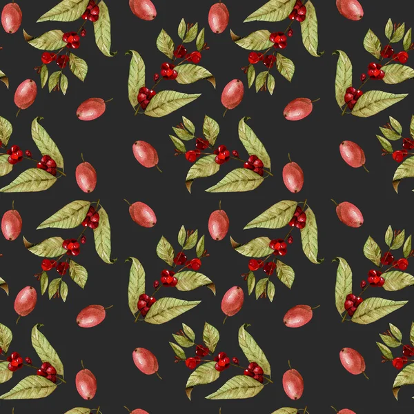 Seamless pattern with watercolor ripening coffee beans on the branches and red coffee beans — Stock Photo, Image