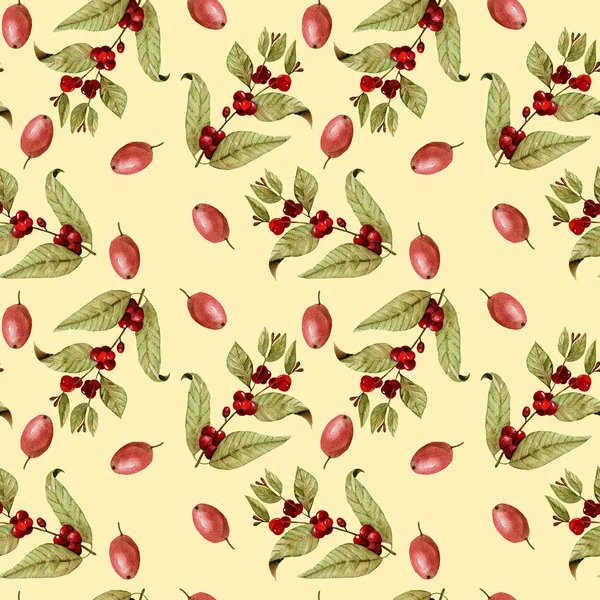 枝に水彩の登熟 coffee beans と赤いコーヒー豆のシームレス パターン — ストック写真