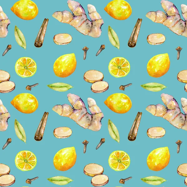 Varrat nélküli mintát akvarell gyömbér, citrom és fűszerek elemekkel — Stock Fotó