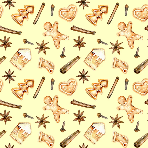 Seamless pattern with watercolor gingerbreads and spices (cinnamon, anise star and cloves) — Stock Image Seamless pattern with watercolor gingerbreads and spices (cinnamon, anise star and cloves) Royalty Free Stock Images