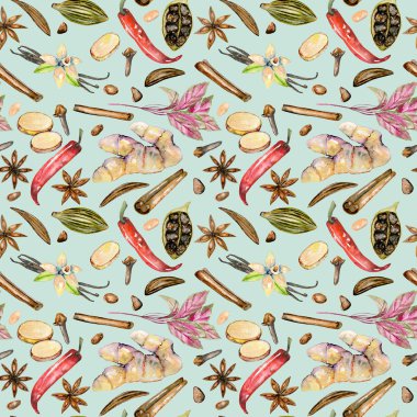 Suluboya baharat (tarçın, anason, rezene, fesleğen, kakule, kırmızı biber, zencefil, vanilya ve karanfil ile Seamless Modeli)
