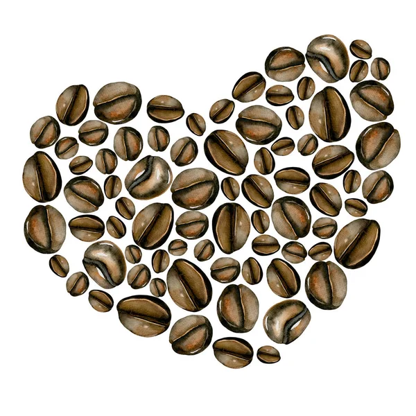 从水彩咖啡豆的心图 — 图库照片