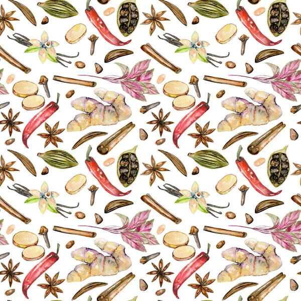 Seamless pattern with watercolor spices (cinnamon, anise, caraway, cardamom, red pepper, ginger, vanilla and cloves) — Stock Photo, Image