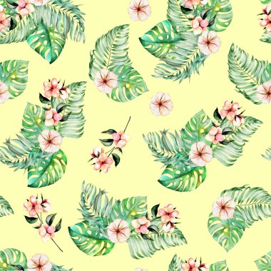 Suluboya palm ve monstera yaprakları, egzotik pembe çiçekler ile Seamless Modeli