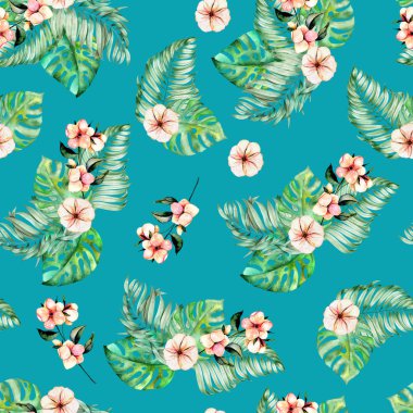 Suluboya palm ve monstera yaprakları, egzotik pembe çiçekler ile Seamless Modeli