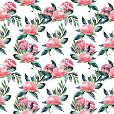 Suluboya kırmızı peonies ve yeşil yaprakları ile Seamless Modeli