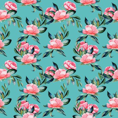 Suluboya kırmızı peonies ve yeşil yaprakları ile Seamless Modeli