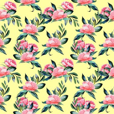 Suluboya kırmızı peonies ve yeşil yaprakları ile Seamless Modeli