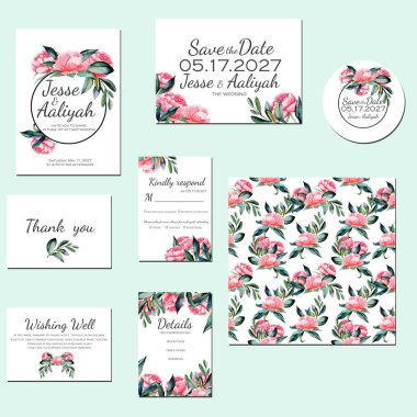 Şablon kartları ile suluboya kırmızı peonies ayarla