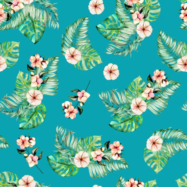 Suluboya palm ve monstera yaprakları, egzotik pembe çiçekler ile Seamless Modeli