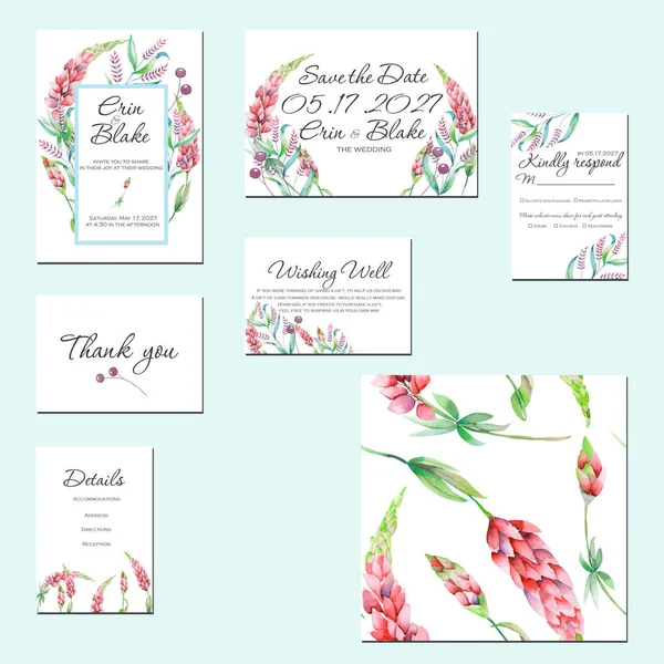 Cartões modelo definido com aquarela flores de tremoço e outras flores silvestres — Fotografia de Stock