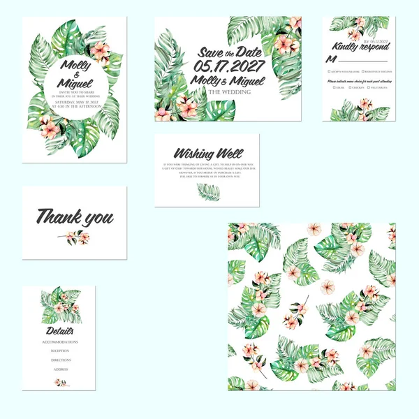 Template cards set with watercolor palm leaves and exotic flowers — Stock Photo, Image