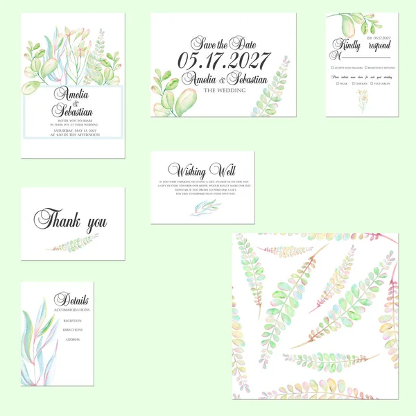 Template cards set with tender watercolor mint and green branches — Stock Photo, Image