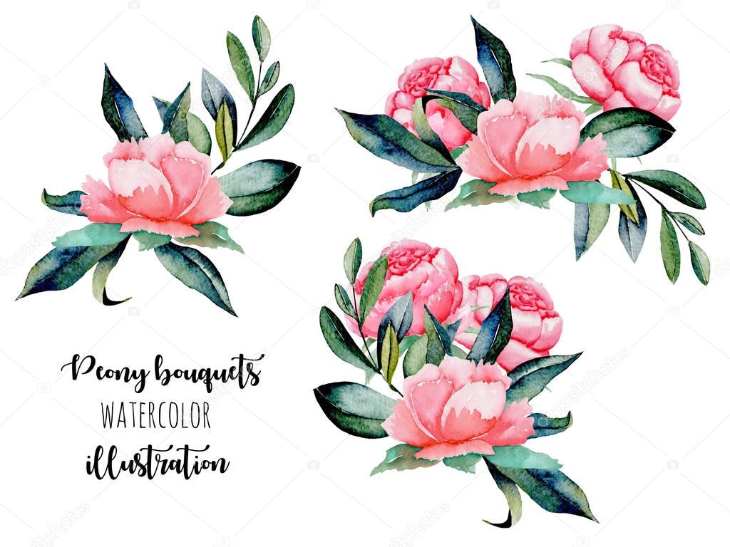 Set of watercolor red peonies and green leaves bouquets illustrations