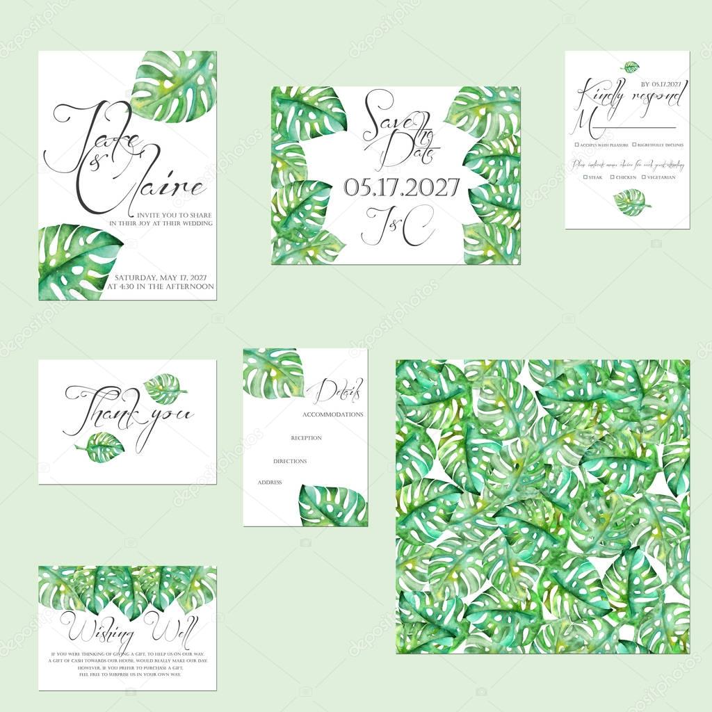 Template cards set with watercolor monstera leaves