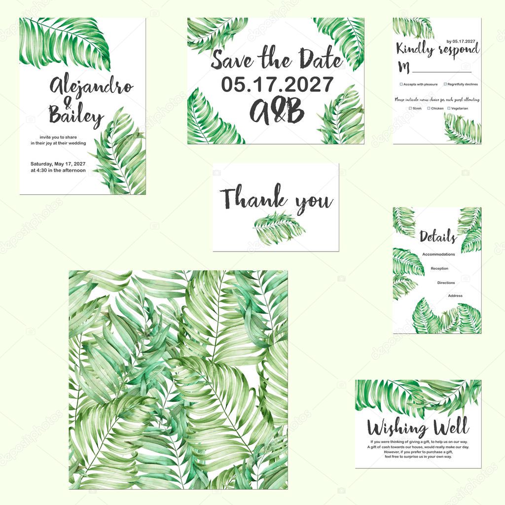 Template cards set with watercolor palm leaves