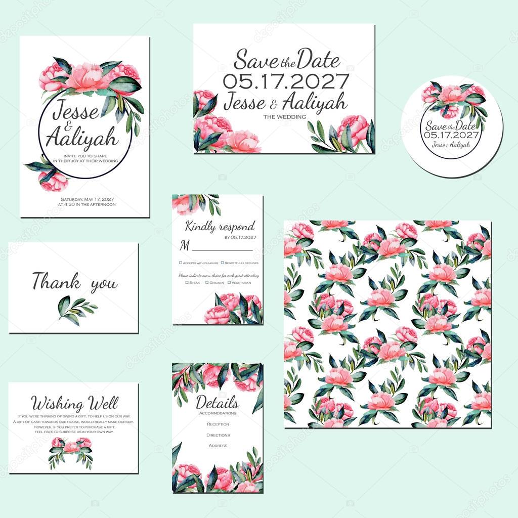 Template cards set with watercolor red peonies