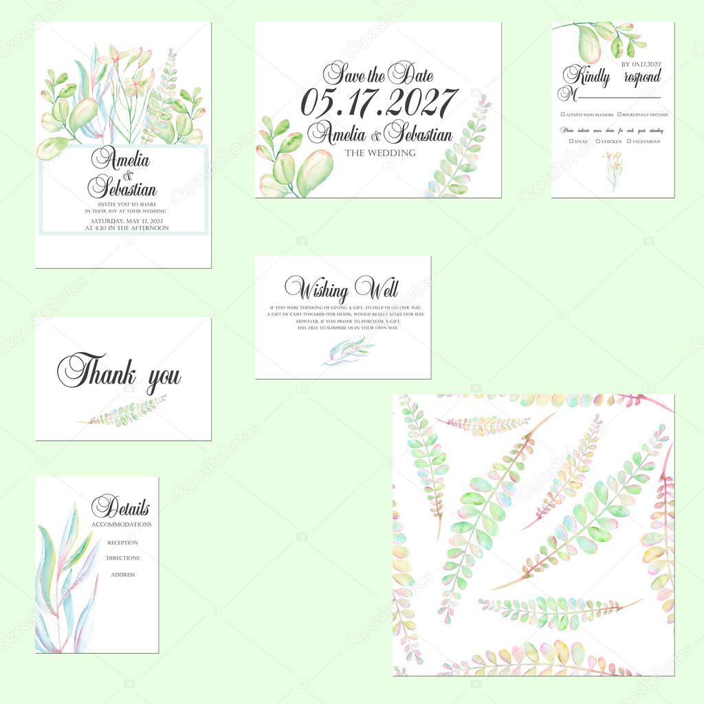 Template cards set with tender watercolor mint and green branches