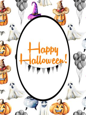 Kart şablonu, suluboya Cadılar Bayramı arka plan üzerinde oval çerçeve