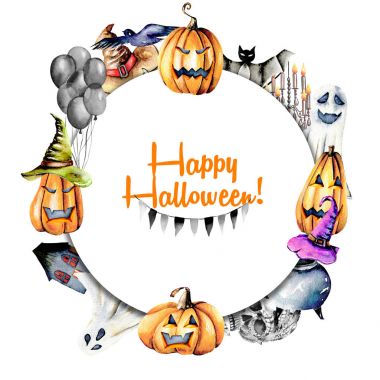 Çelenk, suluboya Cadılar Bayramı nesnelerinden (kabaklar eski şapka, spooks, kafatası, ot ve diğer daire çerçeve)