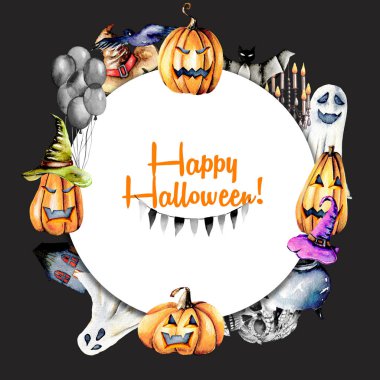 Çelenk, suluboya Cadılar Bayramı nesnelerinden (kabaklar eski şapka, spooks, kafatası, ot ve diğer daire çerçeve)