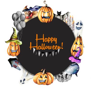 Çelenk, suluboya Cadılar Bayramı nesnelerinden (kabaklar eski şapka, spooks, kafatası, ot ve diğer daire çerçeve)