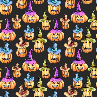 Eski şapka suluboya Halloween pumpkins ile Seamless Modeli