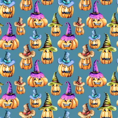 Eski şapka suluboya Halloween pumpkins ile Seamless Modeli