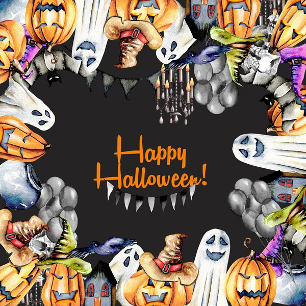 Modelo de cartão, quadro de objetos de Halloween aquarela (abóboras em chapéus velhos, fantasmas, crânio, panela e outros ) — Fotografia de Stock