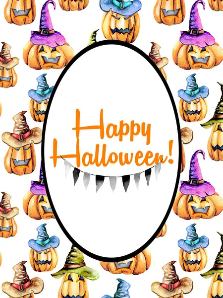 Kartenvorlage, ovaler Rahmen auf Aquarell-Halloween-Kürbissen Hintergrund — Stockfoto