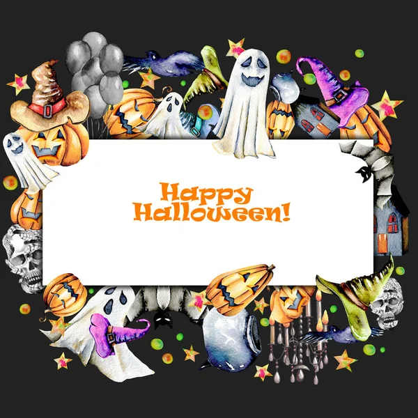 Adresskortsmallen, ram från akvarell Halloween objekt (pumpor i gamla hattar, spooks, skalle, pot och andra) — Stockfoto