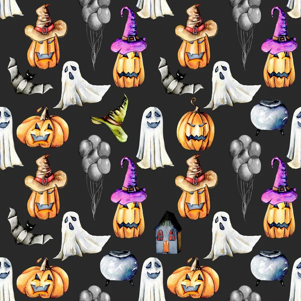 Patrón sin costuras con objetos de Halloween acuarela (calabazas en sombreros viejos, espías, cráneo, olla y otros ) —  Fotos de Stock
