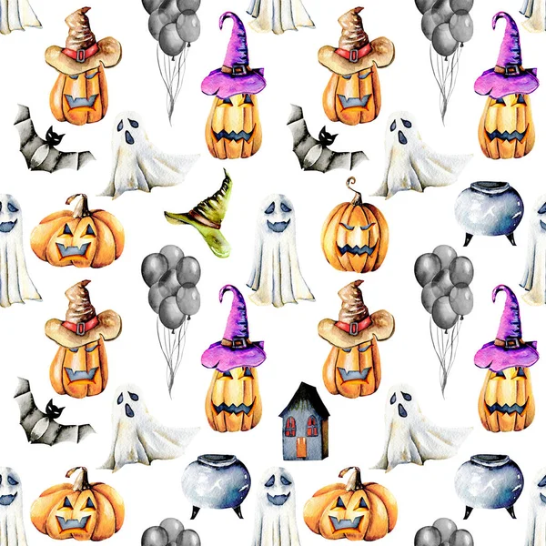 Nahtloses Muster mit Aquarell-Halloween-Objekten (Kürbisse in alten Hüten, Gespenstern, Totenkopf, Topf und anderen) — Stockfoto