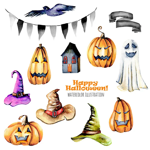 Set aquarel Halloween-objecten (pompoenen en oude hoeden, spooks, zwarte vogel en andere) — Stockfoto