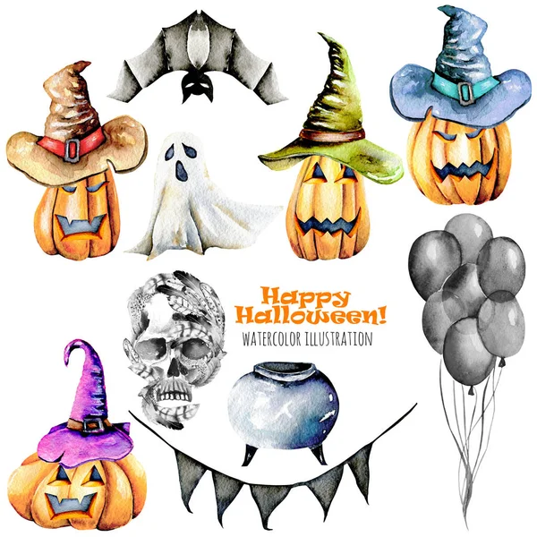 Set of watercolor Halloween objects  (pumpkins in old hats, spooks, skull, pot and other)