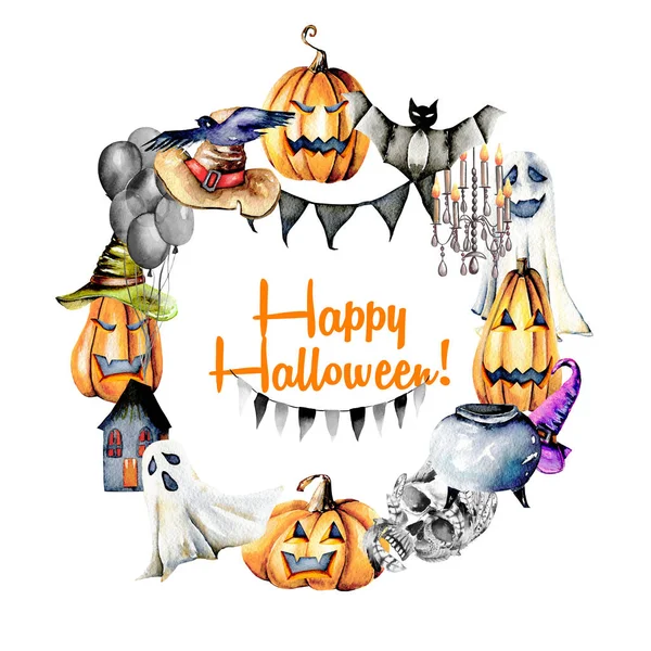 Couronne, cadre circulaire à partir d'objets d'Halloween aquarelle (citrouilles dans de vieux chapeaux, fantômes, crâne, pot et autres ) — Photo