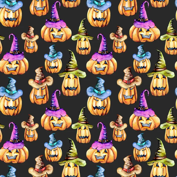 Seamless pattern with watercolor Halloween pumpkins in old hats — Stock Photo, Image