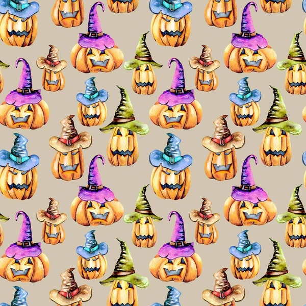 Nahtloses Muster mit Aquarell-Halloween-Kürbissen in alten Hüten — Stockfoto