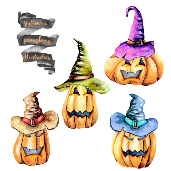Sada akvarel Halloween dýně ve starých klobouků — Stock fotografie