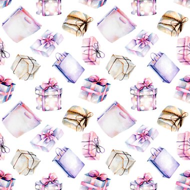 Suluboya mor ve pembe hediye kutuları ile Seamless Modeli