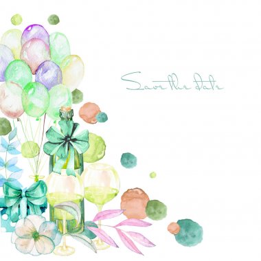 Tatil kartı şablonu suluboya hediye kutusu, hava balonları, şampanya şişesi, şarap, gözlük ve yeşil gölgeler içinde çiçek öğeleri