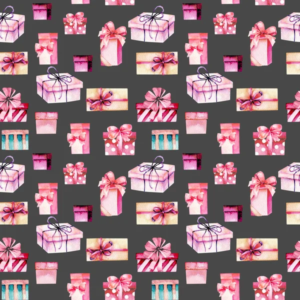无缝模式与水彩的粉红色礼品盒 — 图库照片
