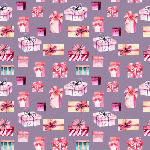 Seamless pattern with watercolor pink gift boxes — Stock Photo, Image