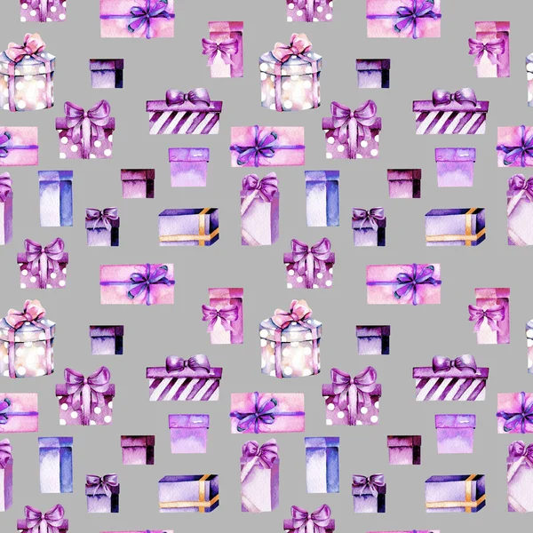 Seamless pattern with watercolor purple and pink gift boxes — Stock Photo, Image